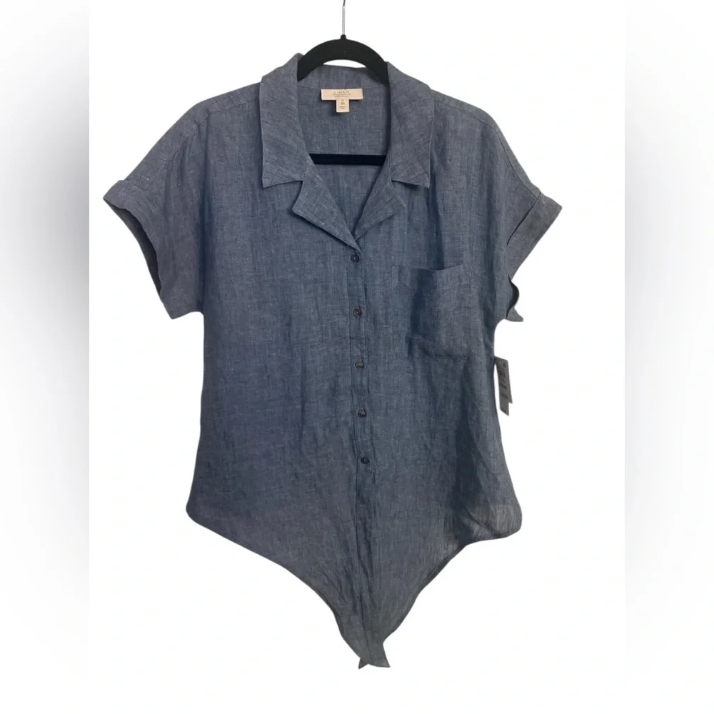 Charter Club Linen Blue Gray Button Down Shirt with Notched Collar NWT M - Picture 3 of 6